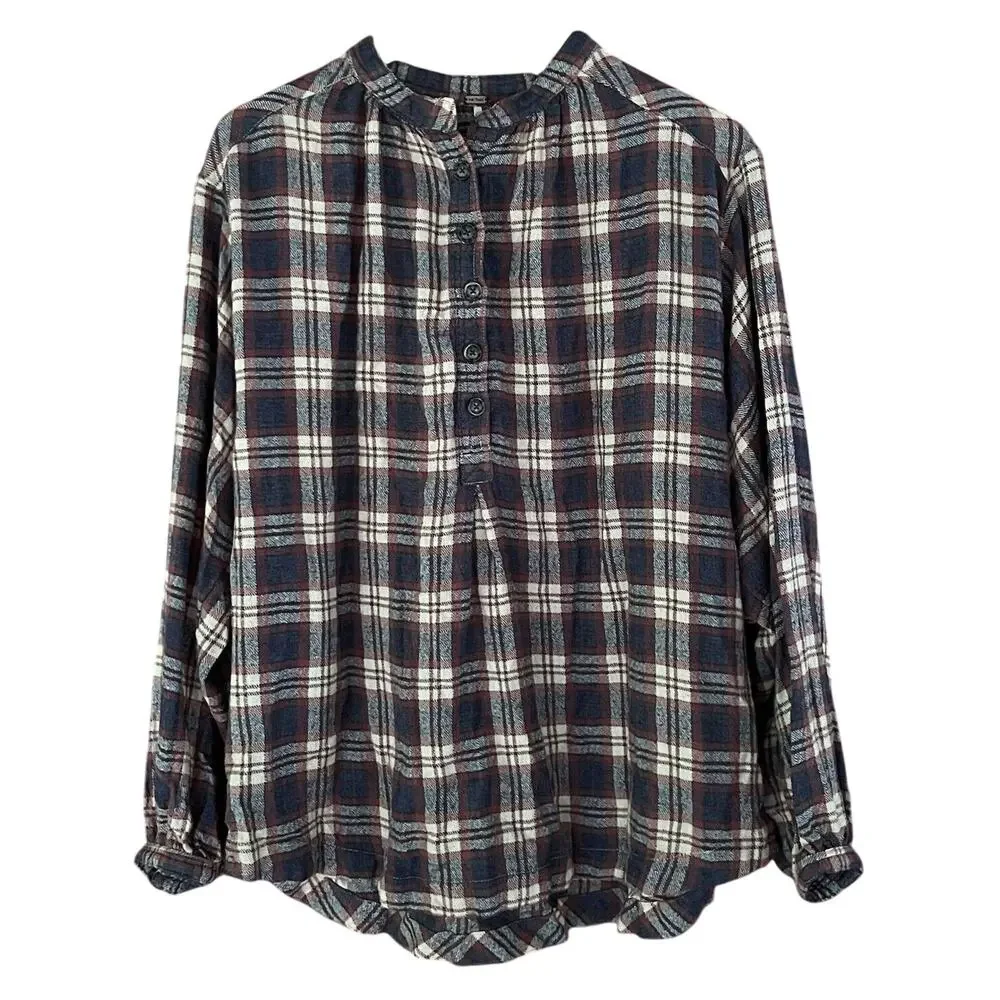 Free People Top Plaid Band Collar 1/4 Button Long Sleeve Boho Womens Medium‎